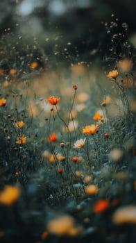 Colorful wildflowers sway gently in a serene meadow during the golden hour photo