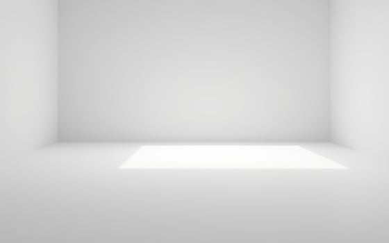 Minimalist white room with a bright light source illuminating the center floor during daylight photo