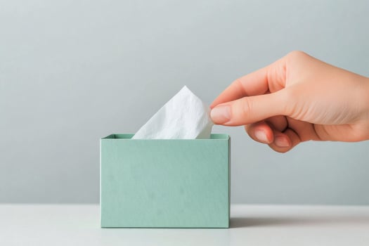 Hand reaching for tissue from a teal box on a white table in a calm environment photo