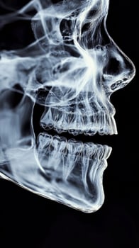Detailed view of human skull demonstrating jaw structure in X ray imaging photo