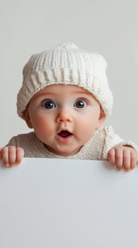Cheerful baby expressing surprise while peeping over a blank surface in a cozy setting photo