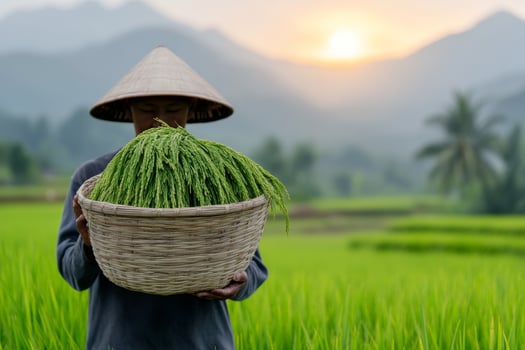 Farmer carrying a large basket of freshly harvested rice in a lush green field at sunset photo