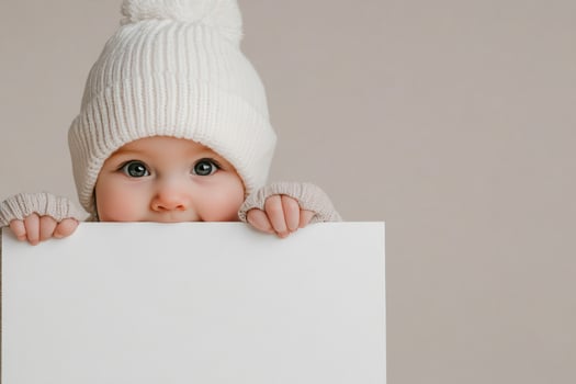 Baby in white hat playfully holding blank sign against neutral background photo