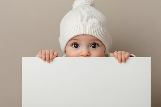 Baby in white hat playfully holding blank sign against neutral background photo