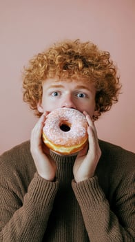 Young person holding a large donut with colorful sprinkles against a pink background photo
