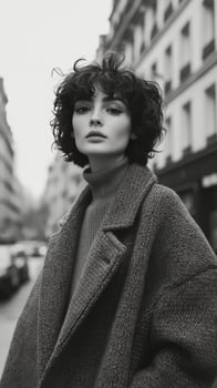 Elegant urban fashion model poses in Parisian street during overcast day photo
