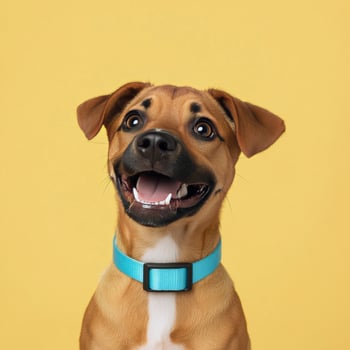 Dog with turquoise collar against a solid teal background looking curiously at the camera photo