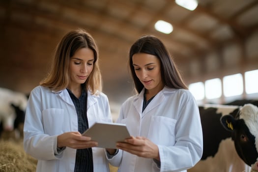 Two women engage in agricultural technology on a dairy farm while caring for cattle photo