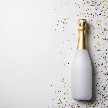 Sparkling wine bottle surrounded by gold star confetti for celebration decor photo