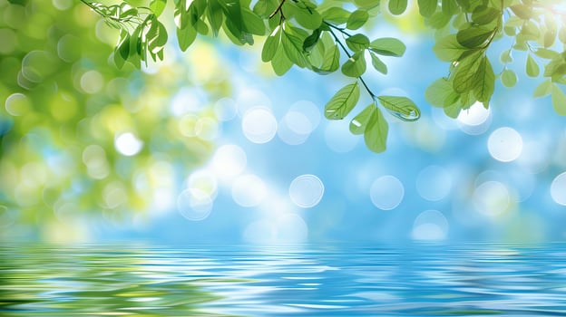 Green leaves on water with blue sky photo