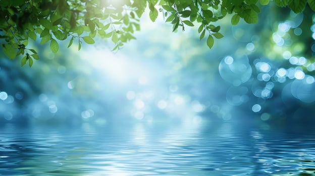 A beautiful blue water with leaves and sunlight photo