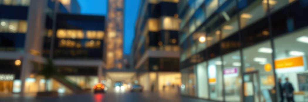 City streets illuminated at dusk with modern buildings and blurred traffic in the background photo