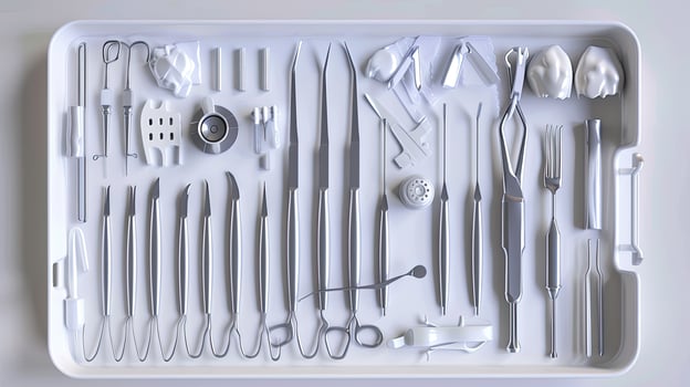 A tray with surgical tools on a white surface photo