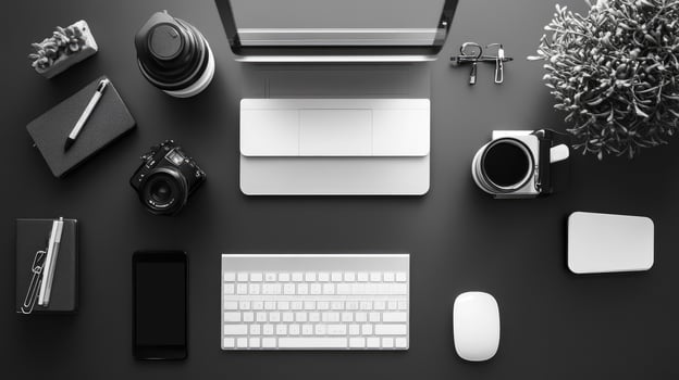 A black and white photo of a desk with a laptop, camera, and other items