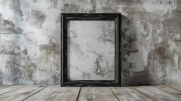 An empty frame on a wooden floor with a concrete wall photo