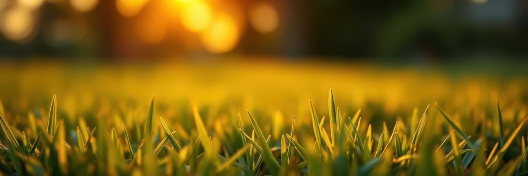 Golden sunlight illuminates fresh grass in a serene outdoor setting during the late afternoon photo