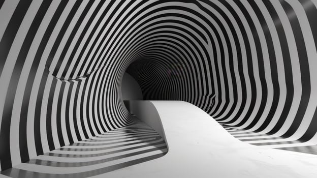 A black and white image of a tunnel with a white floor photo
