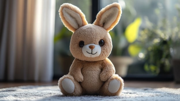 A fuzzy brown rabbit toy with large ears and a cheerful expression is sitting on a soft carpet. Sunlight streams through a nearby window, illuminating the room with greenery. photo