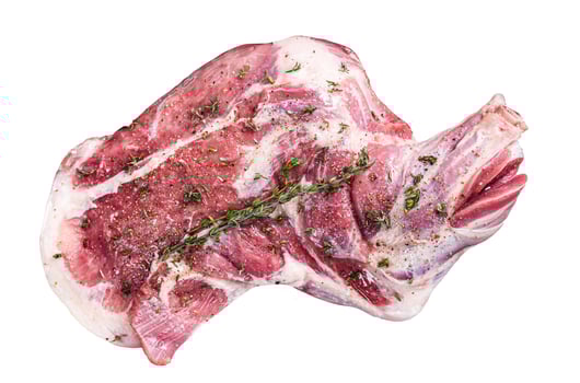 Ready for cooking lamb whole shoulder, raw leg meat on a grill pan with spices. Isolated, white background. photo