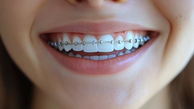 A person is smiling widely, displaying straight white teeth and metal braces, illustrating dental care photo