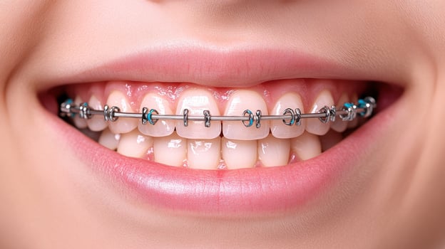 A teenager proudly displays a bright smile with braces, highlighting dental health and orthodontics photo