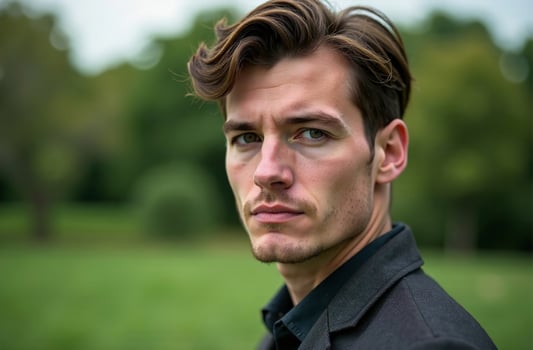 Attractive young man stand in summer park, close-up portrait photo