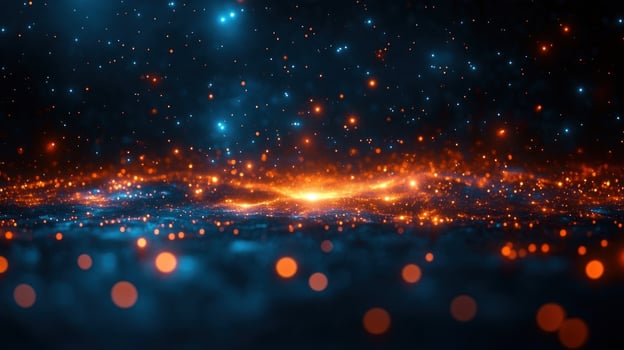 A cosmic scene with glowing orange and blue lights amidst dark space creates a magical effect photo