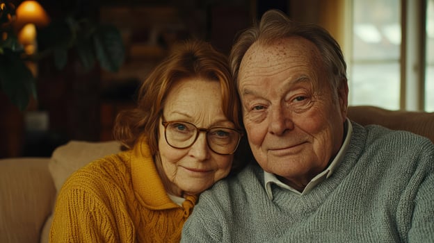An elderly couple sits close on a sofa, smiling gently at each other in a warm and inviting living room photo