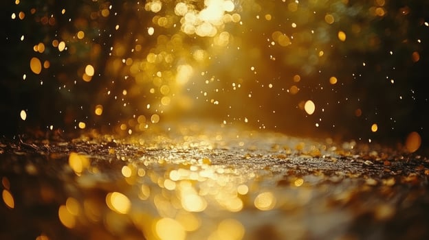 Raindrops sparkle like jewels on a forest path, lit by soft morning light and natures beauty photo