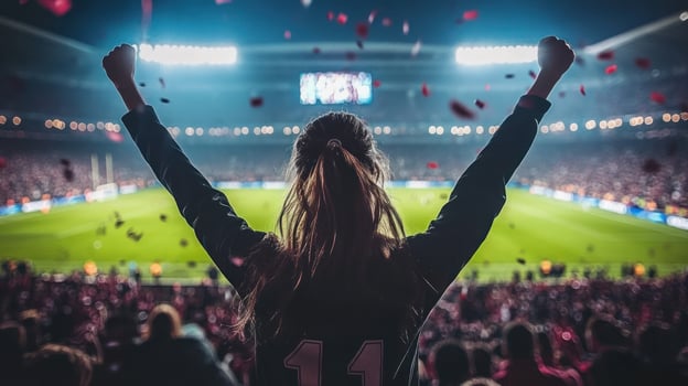Fans cheer wildly in a packed stadium, celebrating a significant moment during an exciting match photo