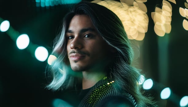 Cinematic portrait of beautiful young man with electric lights in bokeh, photo
