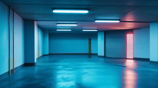 Modern industrial space with blue lighting and a hint of red in an urban parking area during nighttime photo