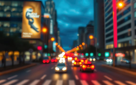 City street bustling with traffic and bright lights during twilight hours in an urban environment photo