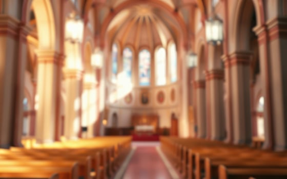 Serene interior of a historic church with wooden pews and stained glass windows during daylight photo