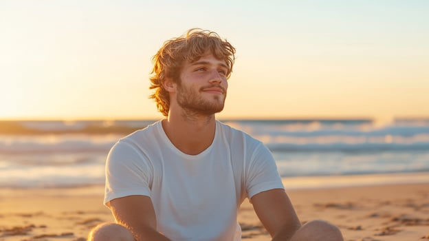 A young man relaxing on the beach during sunset, reflecting peacefully. photo