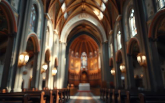 Majestic interior view of a historic church with intricate architectural details and warm lighting during daylight hours photo