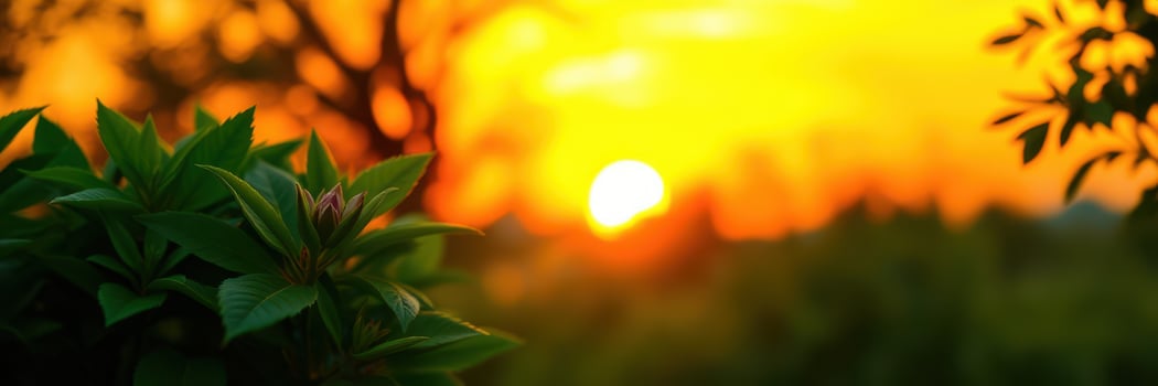 Sunset illuminating green leaves in a tranquil natural setting during evening hours photo