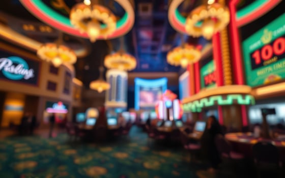 Brightly lit casino interior featuring gaming tables and vibrant decor in a bustling atmosphere at night photo