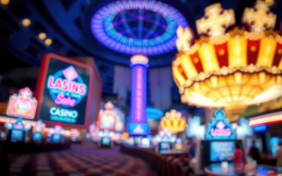 Vibrant casino interior showcasing colorful lights and slot machines in an entertainment venue at night photo