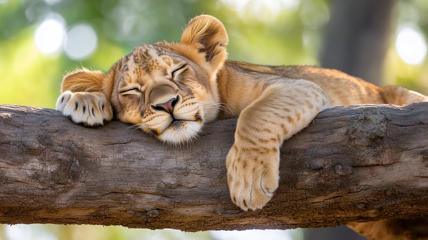 Lion cub relaxes peacefully on a branch in a sunlit environment during daytime photo