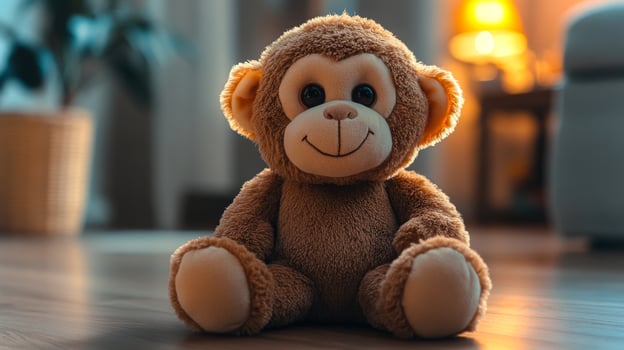 A cute monkey plush toy is placed on a wooden floor inside a cozy living room. Soft warm light fills the space, creating a comforting atmosphere in the evening. photo