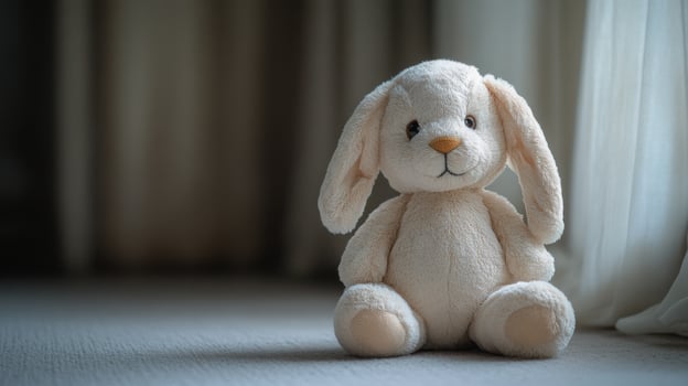 A soft, plush bunny toy sits quietly on a wooden floor beside a window, bathed in warm afternoon light. The tranquil setting evokes a sense of comfort and nostalgia. photo