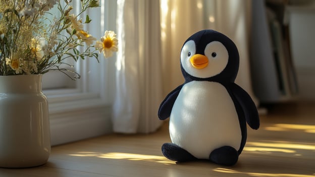 A charming penguin plush toy is positioned on a polished wooden floor, bathed in morning sunlight. A vase filled with flowers adds a cozy touch to the serene indoor setting. photo