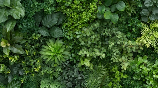 Vibrant green foliage creating a lush, natural backdrop in an outdoor setting filled with diverse plant life photo