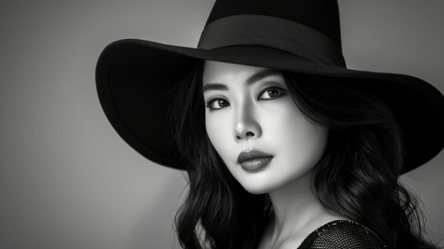 Elegant Young Asian Woman Posing in a Wide Brimmed Black Hat on Black-and-White Background. Concept of Classic Fashion, Confidence, Timeless Elegance, Beauty, Vintage Style. Monochrome. Copy space photo