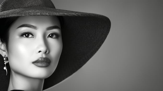 Elegant Young Asian Woman Posing in a Wide Brimmed Black Hat on Black-and-White Background. Concept of Classic Fashion, Confidence, Timeless Elegance, Beauty, Vintage Style. Monochrome. Copy space photo