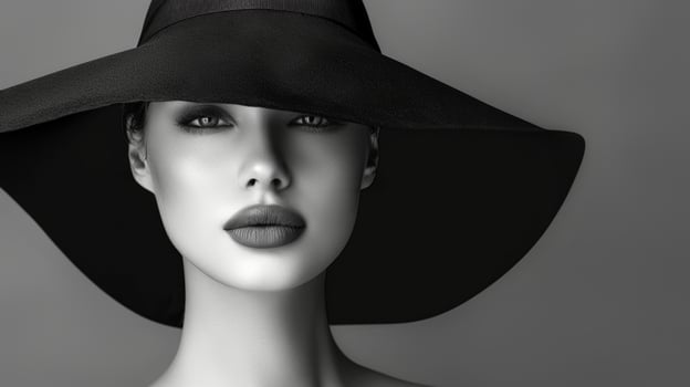 Elegant Young Woman in Wide-Brimmed Hat on Grey Background. Concept of Timeless Fashion, Chic Style, Classic Elegance. Black and White. Copy space. Copy space photo