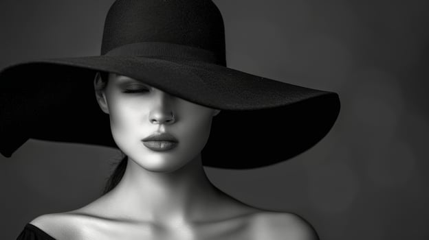 Elegant Young Woman in Wide-Brimmed Hat on Grey Background. Concept of Timeless Fashion, Chic Style, Classic Elegance. Black and White. Copy space. Copy space photo