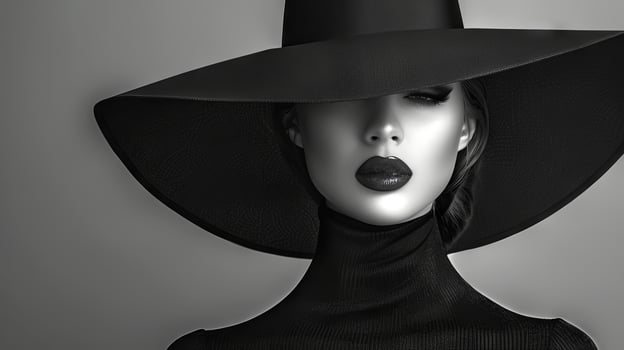 Elegant Young Woman in Wide-Brimmed Hat on Grey Background. Concept of Timeless Fashion, Chic Style, Classic Elegance. Black and White. Copy space. Copy space photo