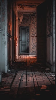 Spooky abandoned house hallway featuring dimly lit wooden floorboards, cobwebs, and eerie open doors. Concept of Halloween, horror, haunted mansion, mystery, scary atmosphere, abandonment. Vertical photo